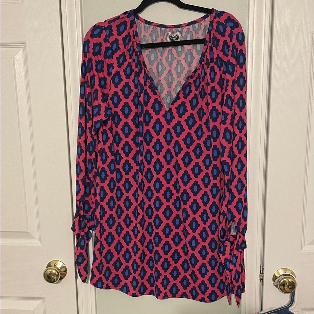 Mud Pie Pink and Blue Geometric Blouse